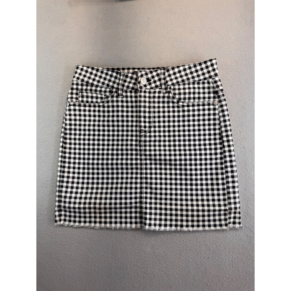 Dollhouse Gingham Mini Skirt Black White Check Frayed Hem Stretch Denim Size 3